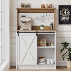 Farmhouse Coffee Bar Cabinet with Sliding Barn Door