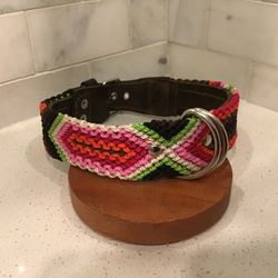 Handmade Dog Collar – 18” M/L – Pink, Green & Orange Geometric Weave