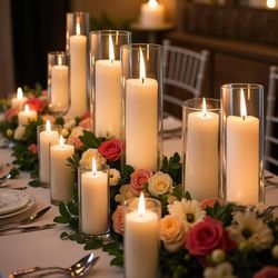 12 PCS White Pillar Candles with Glass Candle Holders Clear Hurricane Candle Holders Glass Cylinder Vases for Centerpieces Wedding Party