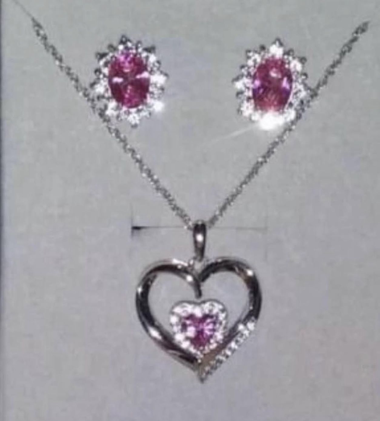 Sterling Silver Necklace And Earring Set With Pink Stone And Diamonds