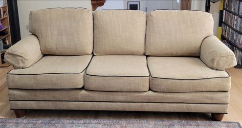 3-Seat Beige Fabric Sofa with Dark Piping