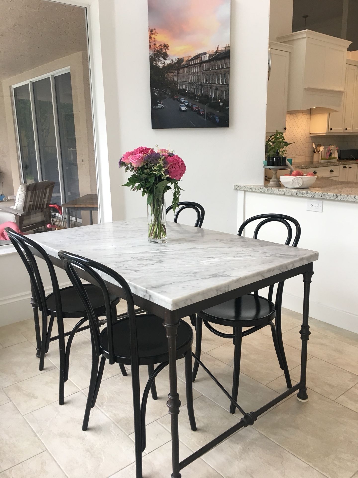 Crate & Barrel French Kitchen Dining Table with 4 Vienna Matte Black Dining Chairs