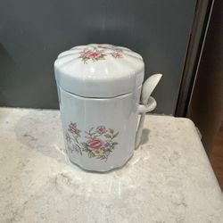 Vintage 1988 FTDA Porcelain Ceramic Floral Canister w/ Spoon 