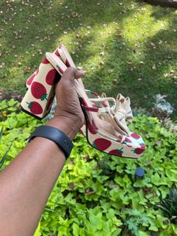 Strawberry Print Platform Block Heel Sandals Cream Bow Clear Strap