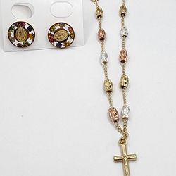 Religious Set Gold-plated 3-colors Bracelet Rosary Virgin Earrings 