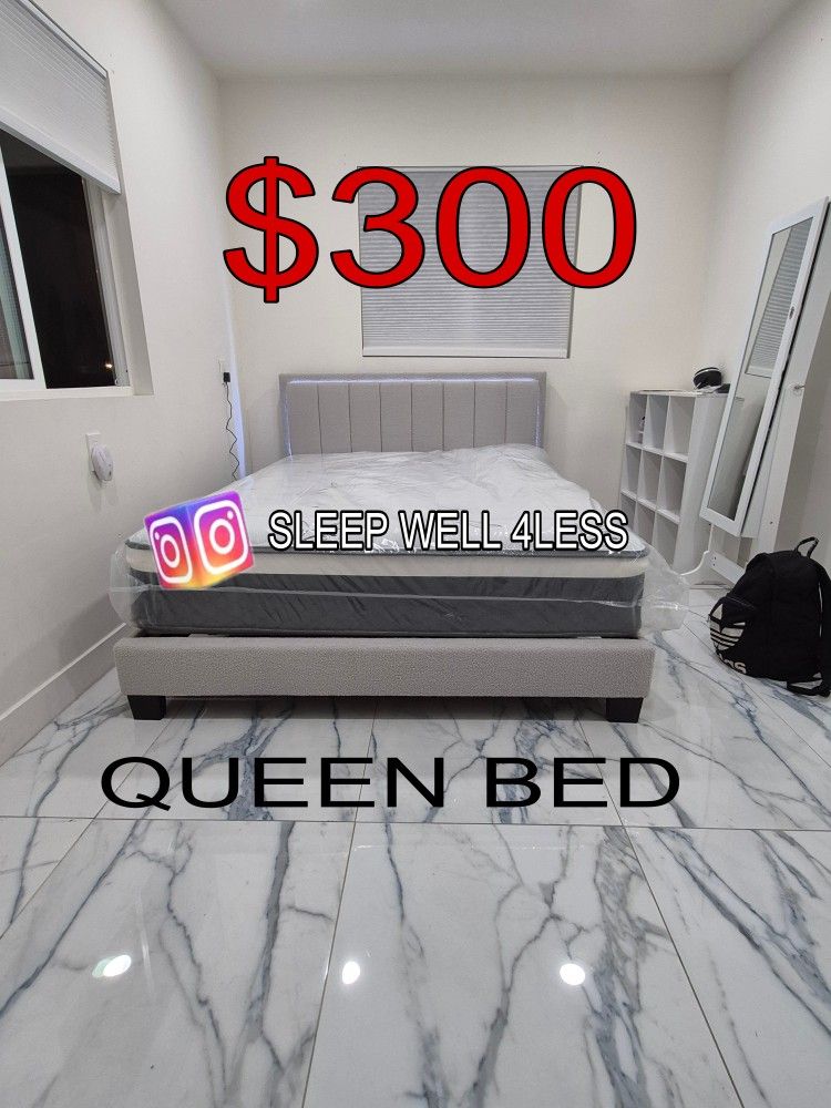 NEW QUEEN BED FRAME AND MATTRESS