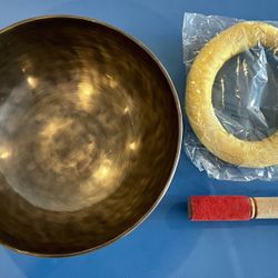  10" Hammered Bronze Etched Tibetan Tiger's Eye Full Moon Singing Bowl in the Key F# w/ Striker