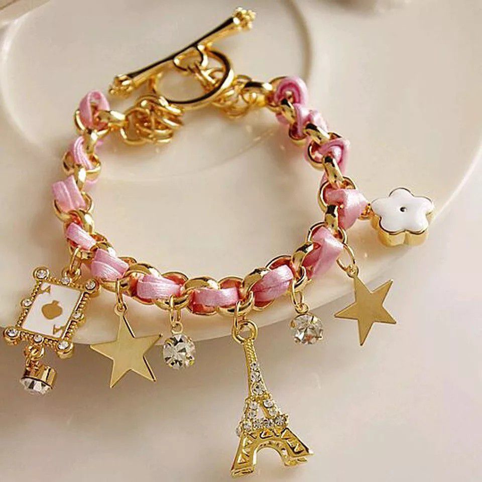 Pink and Gold Chain Leather Rope Crystal Handmade Bracelet Eiffel Tower ...