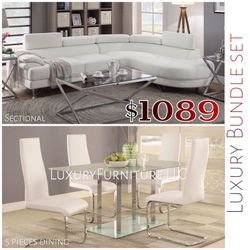 New white luxury home bundle set sectional & 5 pieces dining