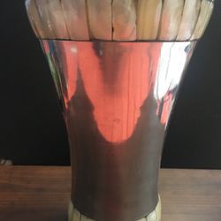 VINTAGE TOWLE SILVER SMITHS MOTHER  OF PEARL TRIMMED TRUMPET METAL ALLOY VASE . 