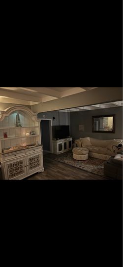 Couch, TV, and Cabinets