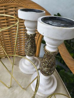 pillar candle holder  distressed white finish and a glitter