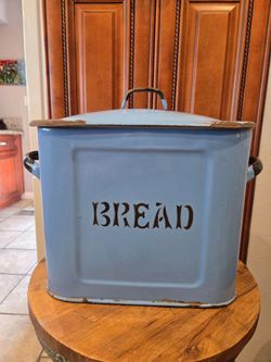 Vintage blue enamelware bread bin