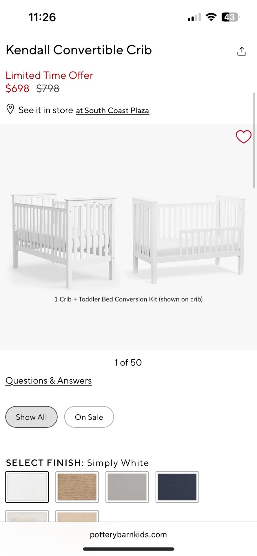 Kendall crib with conversion kit/Pottery Barn Kids Like new