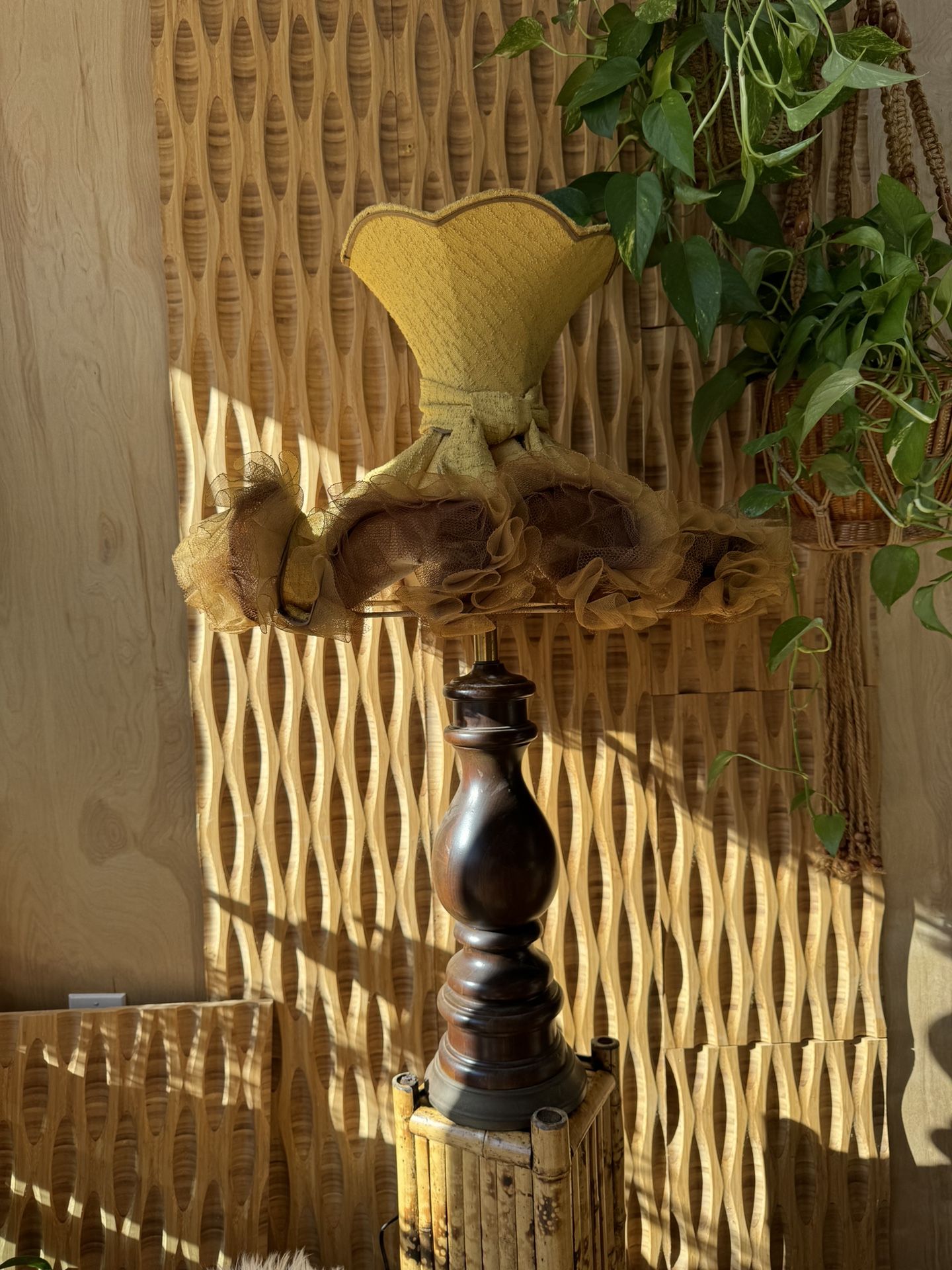 Vintage Yellow 70s 80s Lampshade Tulle Textured Brocade Terry Swag Lamp Large Coquette Retro Boho