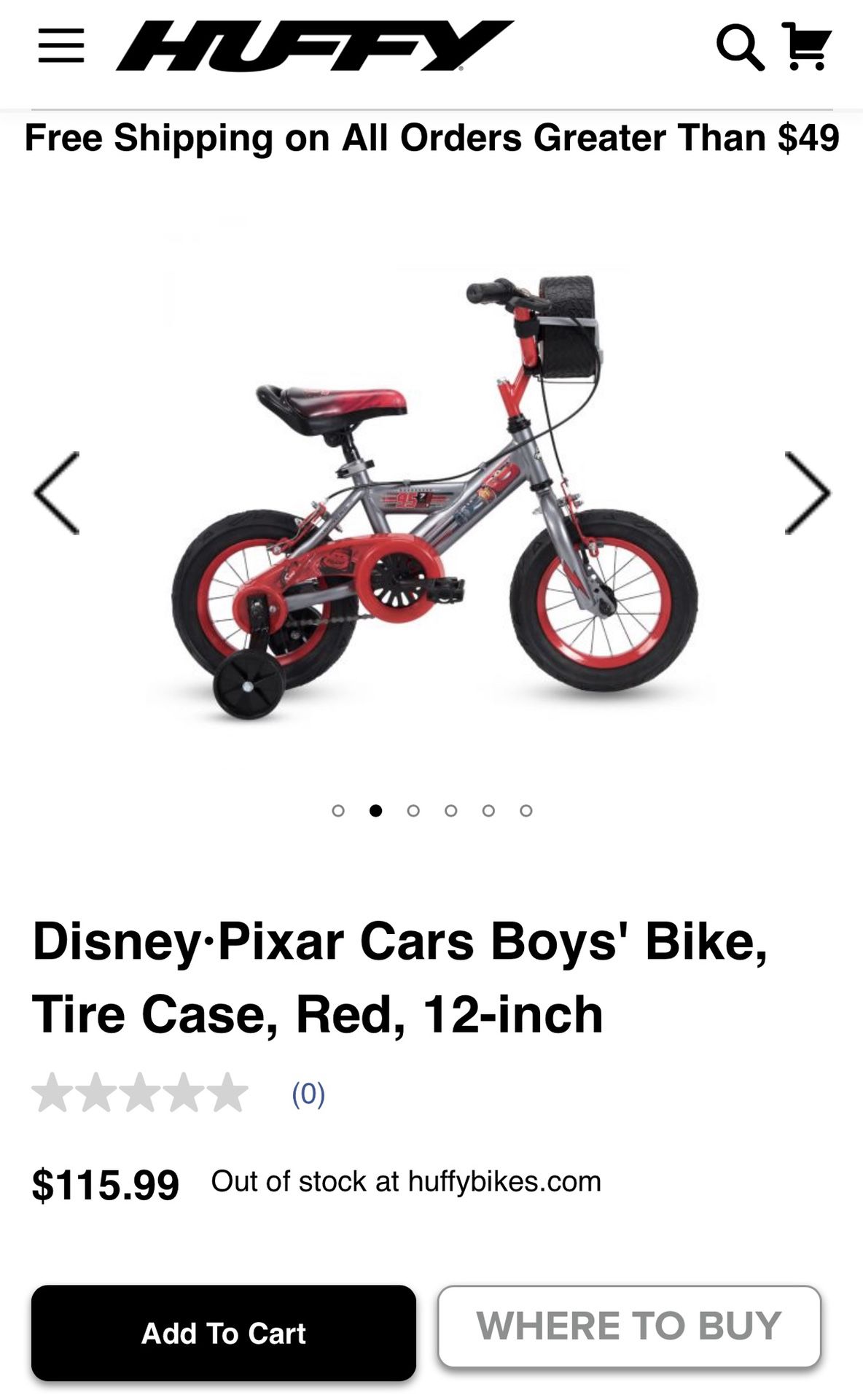 Disney Pixar cars boys bike w/tire case red and gray 12 inch bike