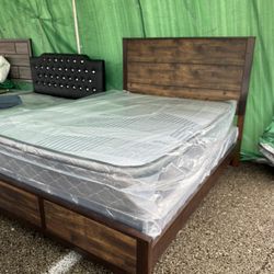 Queen Bed Frame: Wooden Bed With Mattress Set 