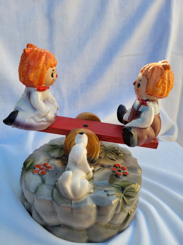 Vintage Raggedy Ann and Andy See-Saw Music Box That Plays Rock-A-Bye-Baby