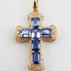 18k gold 2.25ctw untreated blue sapphire & diamond cross pendant