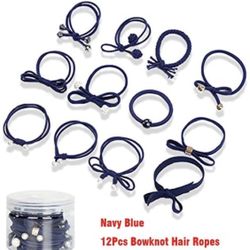 Women Hair Accessories Elastic Hair Ties, Lovely Ribbon Bow-knot Hair Rubber Band Set for Babies, Children, Girls & Ladies, Blue (Pack of 12)