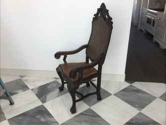 Antique Throne Armchair Spanish Baroque High Back Carved Wood Leather