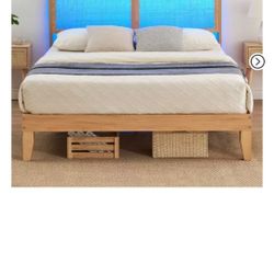 Garvee Rattan Full Bed Frame with LED Lights,Natural Rattan Headboard, Solid Wood Foundation with Silent Slats, Platform Full Size Bed Frame, Noise-Fr