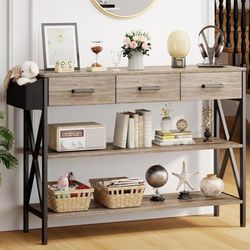 47" Entryway Table with 3 Drawers and 3 Tier Storage Shelves, Industrial Narrow Long Sofa Table, Farmhouse Style Console Table for Living Room, Hallwa