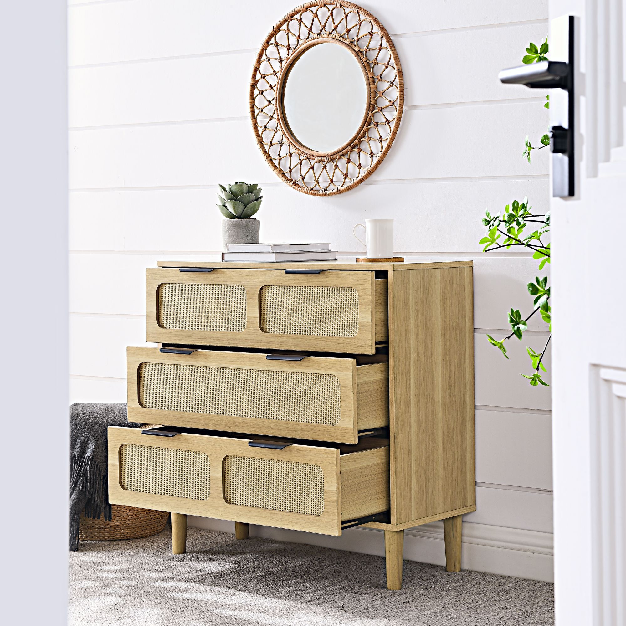 3 drawer dresser, modern rattan dresser cabinet with wide drawers and metal handles, farmhouse wooden storage chest of drawers for room, living room,