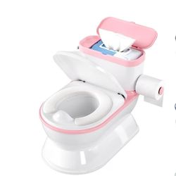 2-in-1 Toddler Potty Training Toilet - Larger Potty Chair & Detachable Training Seat for Boys & Girls Ages 1-3 with Flushing Sound, Wipes Storage, Toi