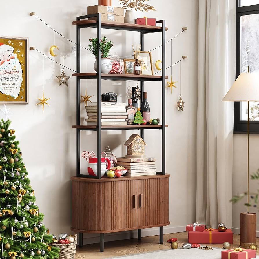 71" Tall Bookshelf, 4-Tier Book Shelf with Storage Cabinet, Modern Bookcase with Sliding Door and Adjustable Footpad, Freestanding Storage Organizer B