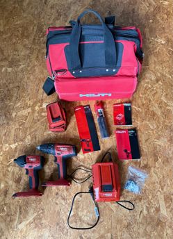 Hilti drill, impact driver, batteries, charger, bag