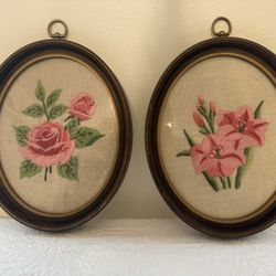 Vintage Needlepoint Pink Floral Design Framed