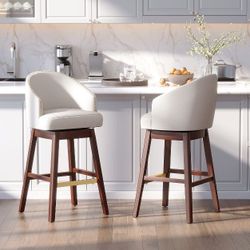 Crestlive Products 30 Inch Bar Height Set of 2 Bar Stools with Back Tall Barstools Comfortable Swivel Accent Chair Ivory White  【Solid Wood Frame】Dura