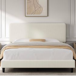 Queen Bed Frame, Adjustable Chenille Upholstered Headboard, Beige