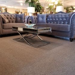 Brand New Gray/Navy Blue/Indigo/Black Velvet Studded Modern Sofa + Loveseat 2PCs Set 