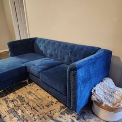 Blue Suede Tuffed Contempary Couch For Sale