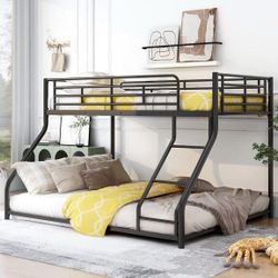 NEW Black Twin XL Over Queen Metal Bunk Bed with Inclined Ladder, Bottom Floor Bed, No Slats