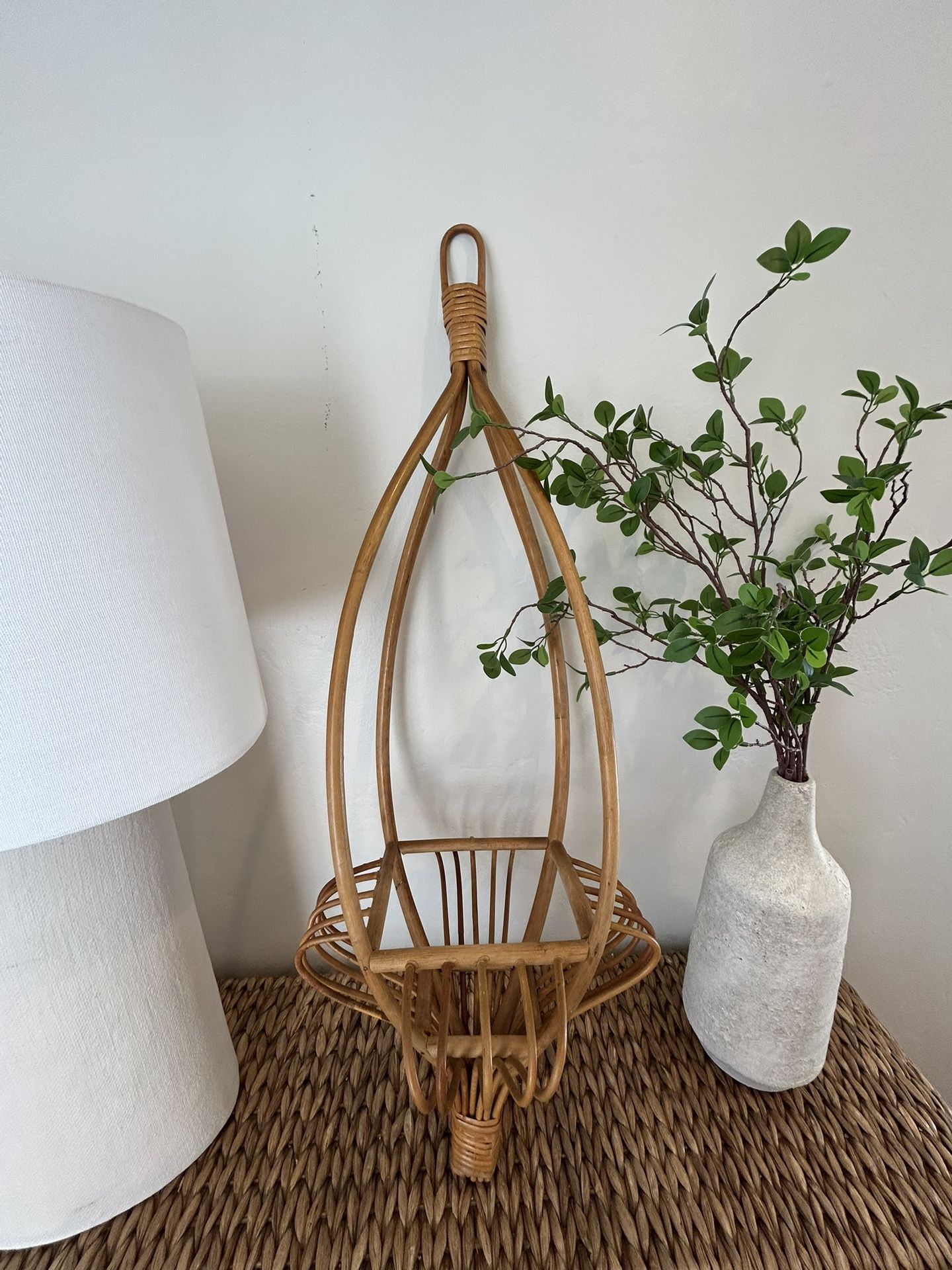 Vintage Large Hanging Rattan Basket Pot Planter Bamboo Cane Plant Holder Wicker Boho Rare 3 Feet Tall, Bohemian Natural Minimalist Collectible Mid Cen