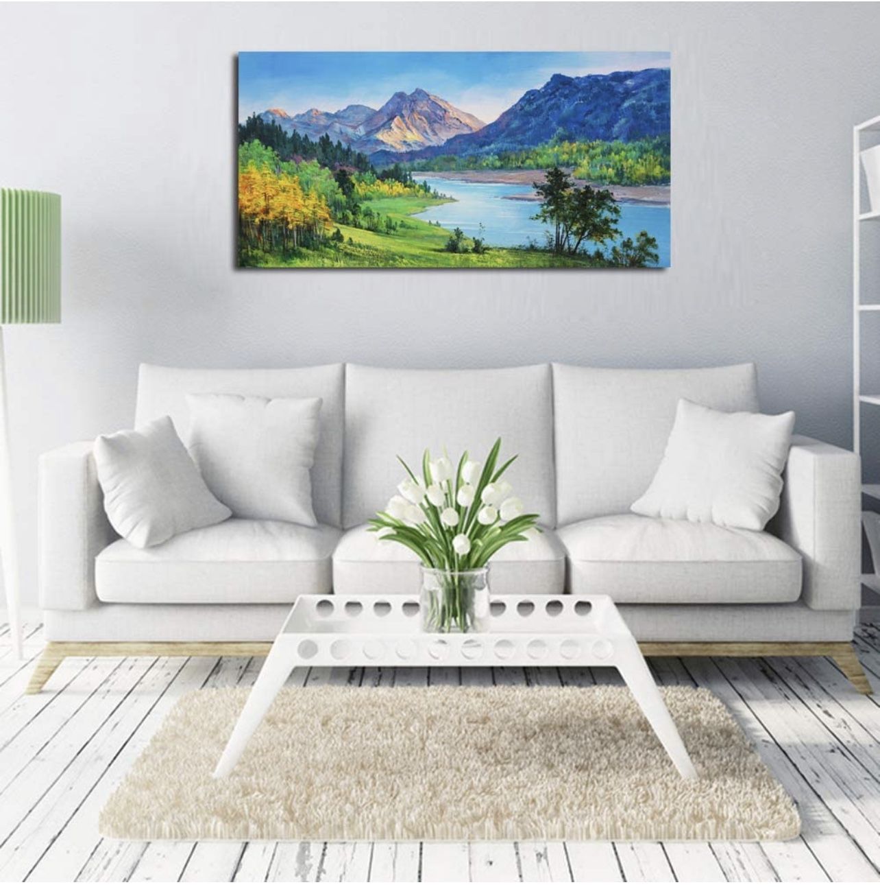 Brand New Canvas Wall Art Nature Mountain Blue Stream Scenery Painting, Landscape Green Teal Panoramic Picture Artwork Framed for Home Office Living R