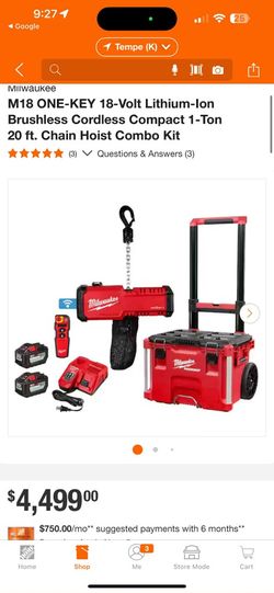 Milwaukee
M18 ONE-KEY 18-Volt Lithium-Ion Brushless Cordless Compact 1-Ton 20 ft. Chain Hoist Combo Kit