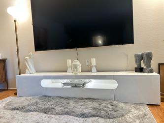Modern White High-Gloss 95” TV Stand / Media Console – LED Lights & Storage