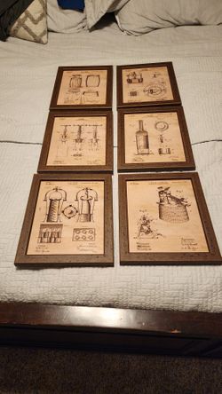 (6) Wine Accesories "Patend Blue Print" Art Framed Pieces