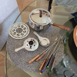 Vintage Stainless Fondue Pot With Accessories. 