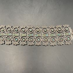 Vintage Mexican Sterling Silver Turquoise Scroll Panel Link Bracelet Taxco JDG