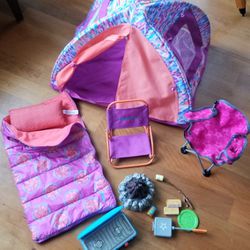 American Girl Doll Camping Tent Chairs Sleeping Bag Food Stove Firepit $100