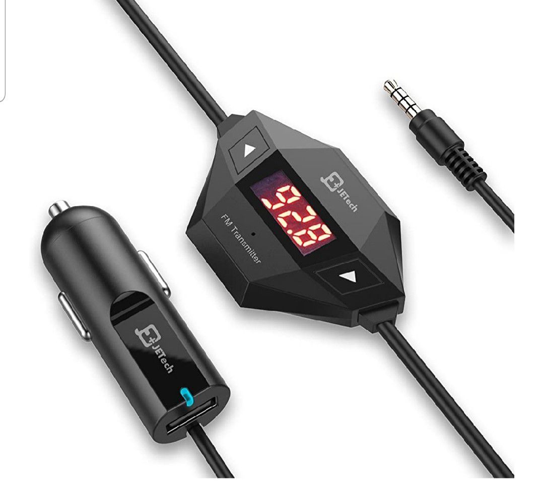 Wireless FM Transmitter Radio Car Kit for Smart Phones Bundle with 3.5mm Audio Plug and Car Charger, Black