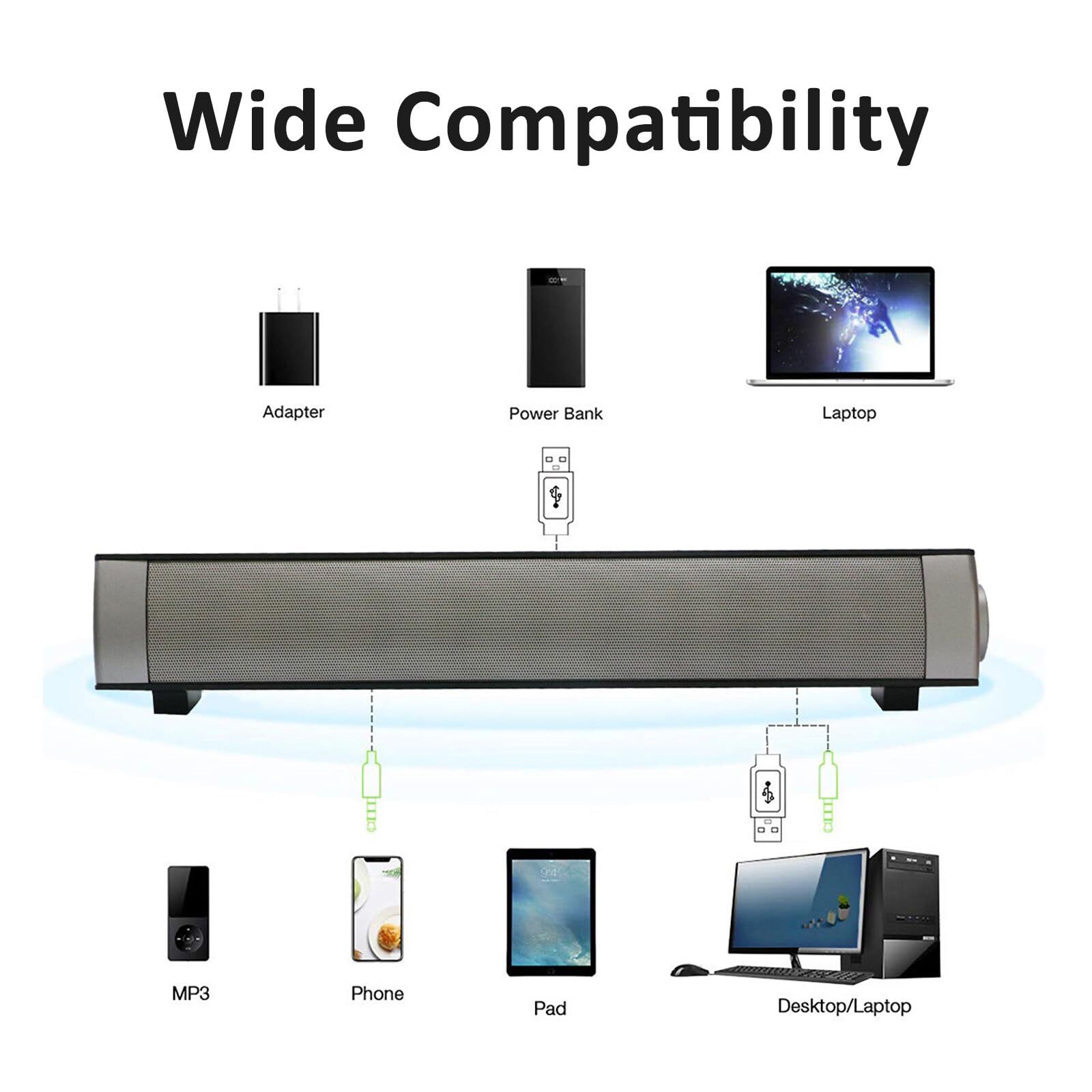 Computer Speakers for Desktop, Wired and Wireless Computer Sound Bar, Stereo USB Powered Mini Soundbar Speakers for PC Tablets Laptop Desktop 