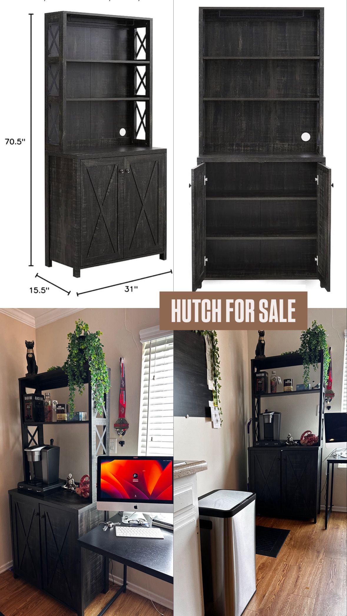 Hutch 70x 31” Kitchen bar cabinet, wine rack, storage, pantry doors, liquor shelf,  coffee maker