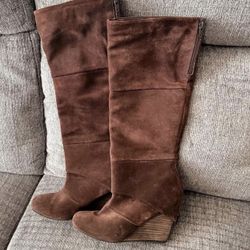 🍂 Sarah Brown Leather Wedge Heels Round Toe Double Zipper Knee High Boots Size 8