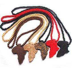 Wood Bead Africa Map Pendant Necklaces